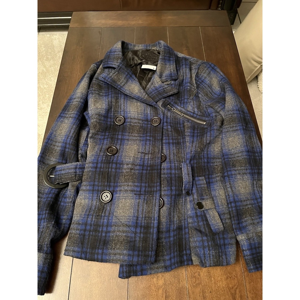 JouJou Blue and Gray Plaid Wool Blend Coat Jacket Matched Belt Double Breasted L